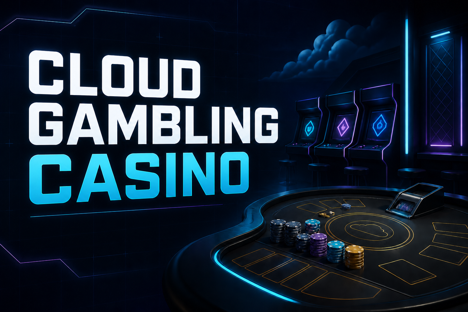 Cloud Gambling Casino arcade, with neon cabinets and a casino table